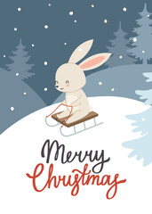 Cartoon bunny sledding down a snowy hill. Christmas greeting card with calligraphy lettering and happy rabbit.
