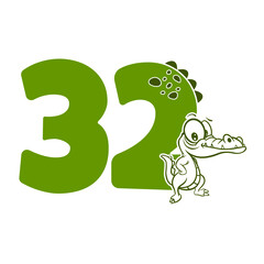 32, Number thirty two with crocodile cartoon character, Birthday Anniversary