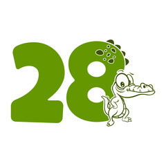 28, Number twenty eight with crocodile cartoon character, Birthday Anniversary