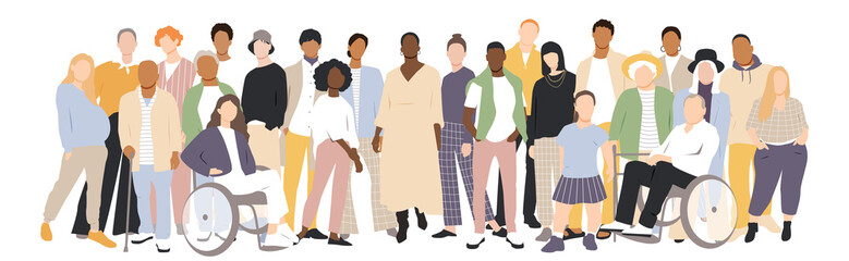 People of different ethnicities stand side by side together. Flat vector illustration.	