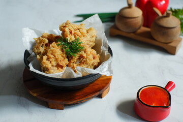 a plate of fried chicken in white background