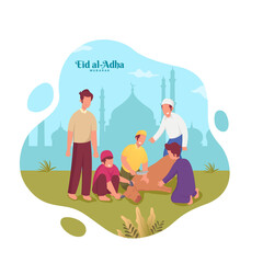 Eid al-Adha greeting card. Muslim people slaughtering a cow during Eid al-Adha mubarak, the feast of sacrifice