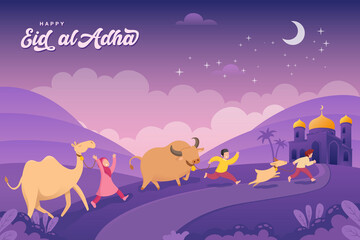 Eid al-Adha greeting card. Cartoon muslim kids bring a goat, cow and camel for qurban or sacrifice in eid al adha mubarak with crescent moon, stars and mosque as background