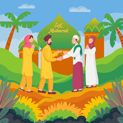 Obraz na płótnie Canvas Happy Eid mubarak greeting card. Muslim people celebrating Eid al-fitr. Muslim man shaking hands and wishing each other