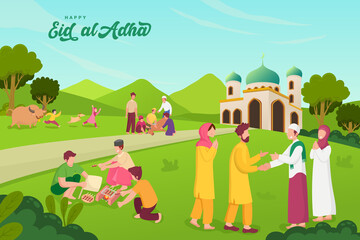 Happy Eid al-Adha mubarak greeting card with variant activity of Muslim peoples celebrating Eid al-Adha