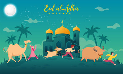 Eid al-Adha greeting card. cartoon muslim kids bring a goat, cow and camel for qurban or sacrifice in eid al adha mubarak with full moon, stars and mosque as background.