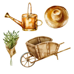 Watercolor illustration set - Watering can, hat, plants, cart, wheelbarrow © Александра Низенко