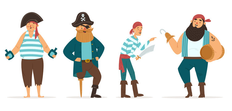 Happy pirates vector set. Four different characters: the captain of the ship, a young cabin boy and two big sailors. Illustration isolated on white background