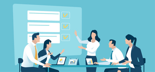 Project. Checklist. Female leader checks the fulfillment of tasks. Business vector illustration.