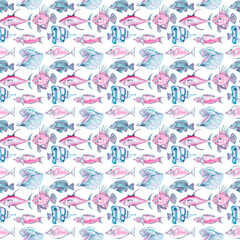 Sea life seamless pattern. Surface pattern design. Wallpaper, textile, fabric, paper design. Scrapbooking digital paper with ocean animals. Nautical, marine backdrop. Underwater wildlife background.