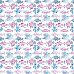 Sea life seamless pattern. Surface pattern design. Wallpaper, textile, fabric, paper design. Scrapbooking digital paper with ocean animals. Nautical, marine backdrop. Underwater wildlife background.