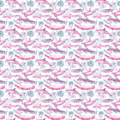 Sea life seamless pattern. Surface pattern design. Wallpaper, textile, fabric, paper design. Scrapbooking digital paper with ocean animals. Nautical, marine backdrop. Underwater wildlife background.
