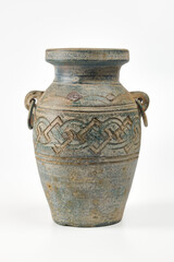 Vintage Pottery with handle on a white background. Pottery, vase, clay jug isolated. 