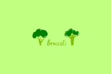 Color broccoli symbol for vegan restaurant logo, vegetarian label, organic food packaging design, banner of farmers market. Hand drawn vegetable icon. Green cabbage flowering illustration isolated.