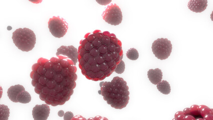 Isolated raspberry on white background in flight. 3d rendering