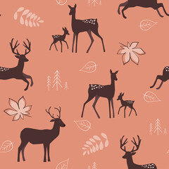 Seamless pattern with a summer forest print. An adult deer, a fawn among flowers, leaves, berries. Vector graphics.