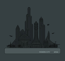 Naklejka premium Fantasy city banner with place for your text. Line art. Illustration of a city of the future. Architecture of the future. Modern town scape. Design template. Vector
