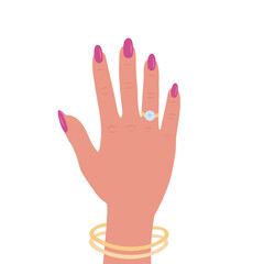 Engagement ring on hand, beautiful ring with a big shining diamond. A marriage proposal and wedding concept. Vector Illustration for background, greeting card and poster. Isolated on white background.