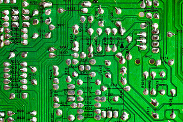 Macro Close up of printed wiring on PC circuit board..