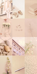 Set of trendy aesthetic photo collages. Minimalistic images of one top color. Beige moodboard