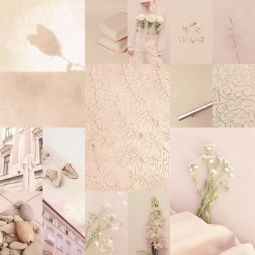 Set of trendy aesthetic photo collages. Minimalistic images of one top color. Beige moodboard © Porechenskaya