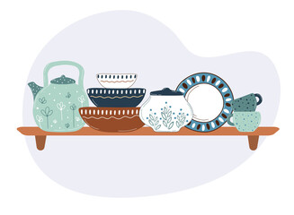 Ceramic kitchenware on shelves. Handmade tableware for decoration design. Dinnerware and kitchen utensils collection hand drawn vector illustration