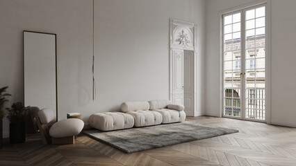 White room in classical style mockup 3d render with large decorated door, classic window, sofa, chair and wooden floor