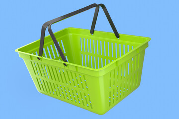 Plastic basket from supermarket for online shopping on blue background.