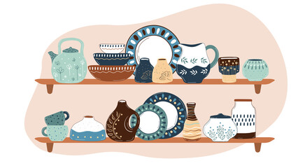 Ceramic cooking crockery. Decorative handmade kitchen utensils or tableware such as plates, cups, dishes. Cookware for food preparing, serving and decoration design hand drawn vector illustration