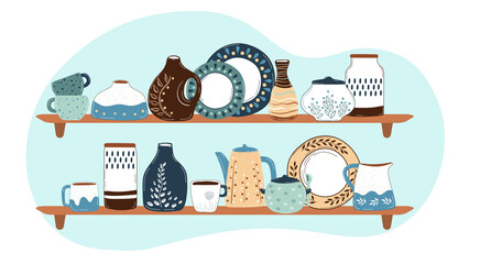 Ceramic cooking crockery. Decorative handmade kitchen utensils or tableware such as plates, cups, dishes. Cookware for food preparing, serving and decoration design hand drawn vector illustration