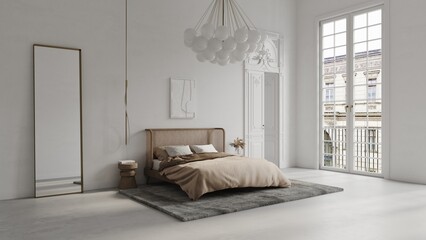 White bedroom in classical style mockup 3d render with large decorated door, classic window, bed, carpet and concrete floor