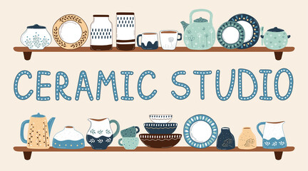 Handmade kitchenware for decoration design ceramic studio. Cooking background. Kitchen utensils set. Tableware hand drawn vector illustration