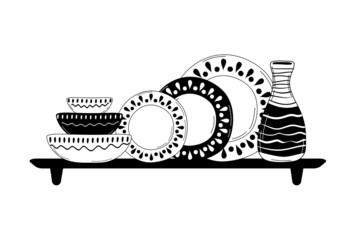 Ceramic cooking crockery. Decorative handmade kitchen utensils or tableware such as plates, cups, dishes. Cookware for food preparing, serving and decoration design hand drawn vector illustration