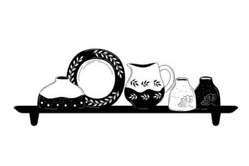 Ceramic cooking crockery. Decorative handmade kitchen utensils or tableware such as plates, cups, dishes. Cookware for food preparing, serving and decoration design hand drawn vector illustration