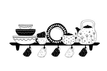 Ceramic cooking crockery. Decorative handmade kitchen utensils or tableware such as plates, cups, dishes. Cookware for food preparing, serving and decoration design hand drawn vector illustration