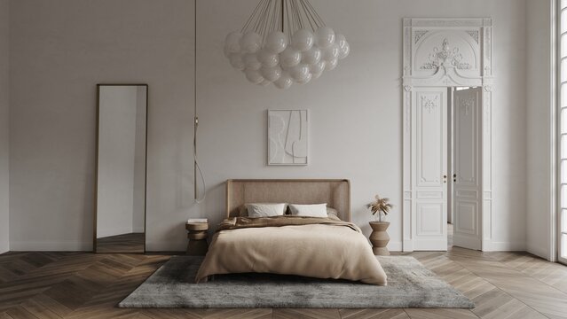 White bedroom in classical style mockup 3d render with large decorated door, classic window, bed, carpet and wooden floor