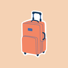 Suitcase, baggage, travel bag. Colored element for sticker. Hand drawn vector illustration isolated on background. Modern flat cartoon style.