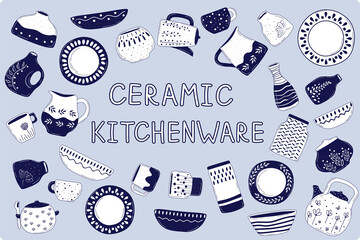 Handmade kitchenware for decoration design ceramic studio. Cooking background. Kitchen utensils set. Tableware hand drawn vector illustration