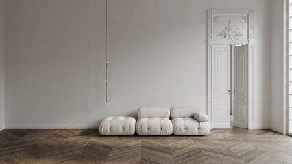 White room in classical style mockup 3d render with large decorated door, classic window, sofa and wooden floor