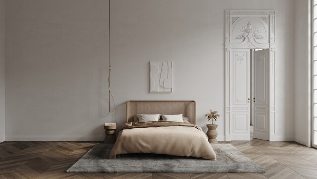 White bedroom in classical style mockup 3d render with large decorated door, classic window, bed, carpet and wooden floor