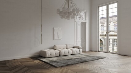 White room in classical style mockup 3d render with large decorated door, classic window, sofa, carpet and wooden floor