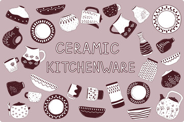 Handmade kitchenware for decoration design ceramic studio. Cooking background. Kitchen utensils set. Tableware hand drawn vector illustration