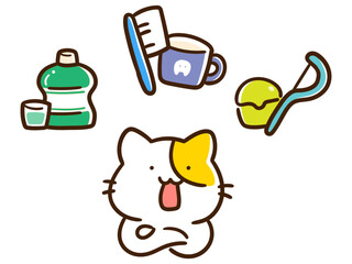 デンタルケアグッズについて考えるかわいいねこの手書き風イラスト