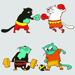 Cats athletes in sports wear. Weightlifter cat. Soccer player. Boxers. Set of funny animal sport stickers. Cartoon style. Vector illustration