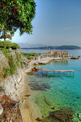 Stunning view with amazing blue sea and blue cloudless sky from Corfu Town on the beautiful island of Corfu in Greece 