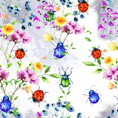 Hand drawn watercolor seamless pattern of bright colorful realistic butterflies,bug and flowers .Mixed media art.
