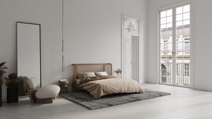 White bedroom in classical style mockup 3d render with large decorated door, classic window, bed, carpet, chair and concrete floor