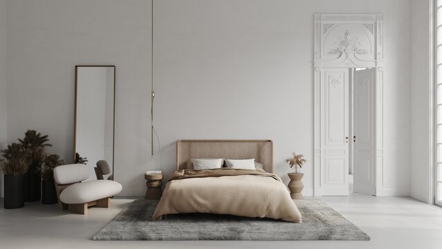 White bedroom in classical style mockup 3d render with large decorated door, classic window, bed, carpet, chair and concrete floor