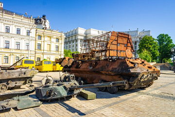 Russian military vehicles destroyed by Ukrainians during Russian invasion of Ukraine in 2022. Kyiv, Ukraine