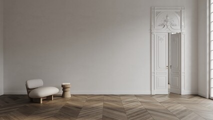 Empty white room in classical style mockup 3d render with large decorated door, classic window, chair and wooden floor